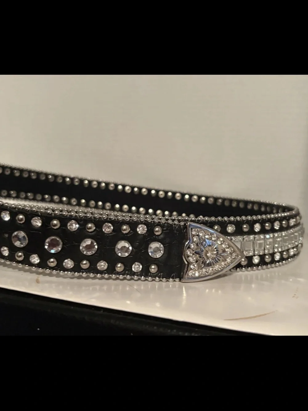 Black Leather W/Silver Finish Buckle Western Cowgirl Crystal Studded Belt Sz XI